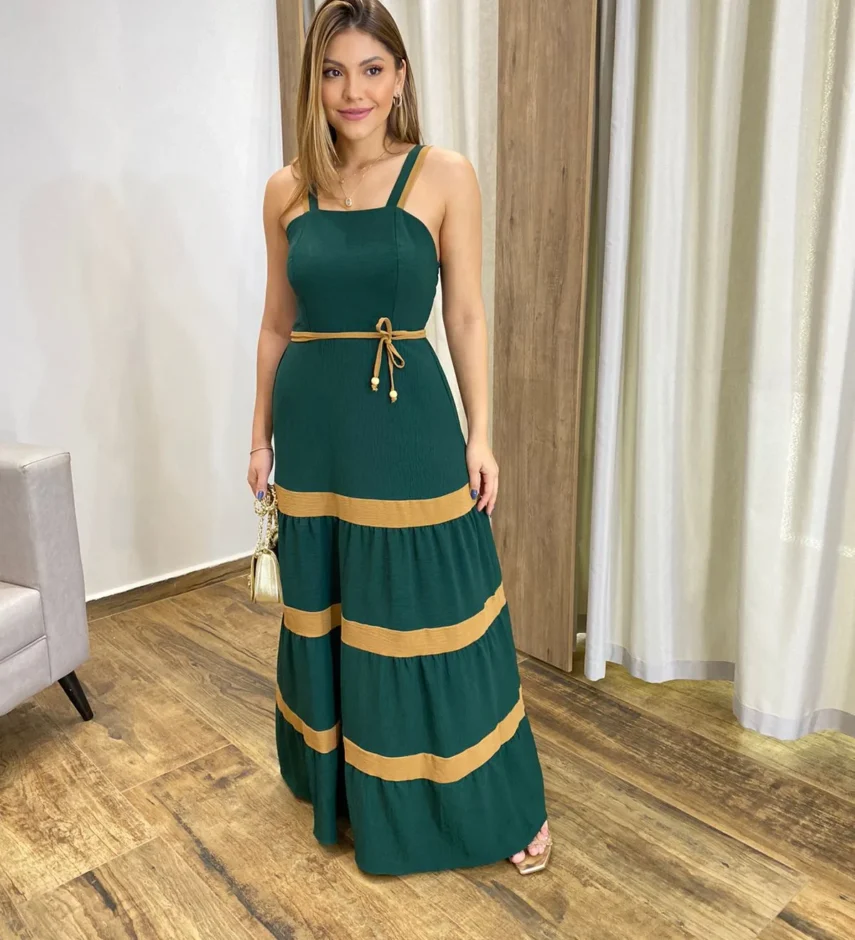 Vestido Longo sem Bojo Verde com Detalhe Caramelo e Amarração - Fernanda Ramos Store