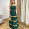 Vestido Longo sem Bojo Verde com Detalhe Caramelo e Amarração - Fernanda Ramos Store