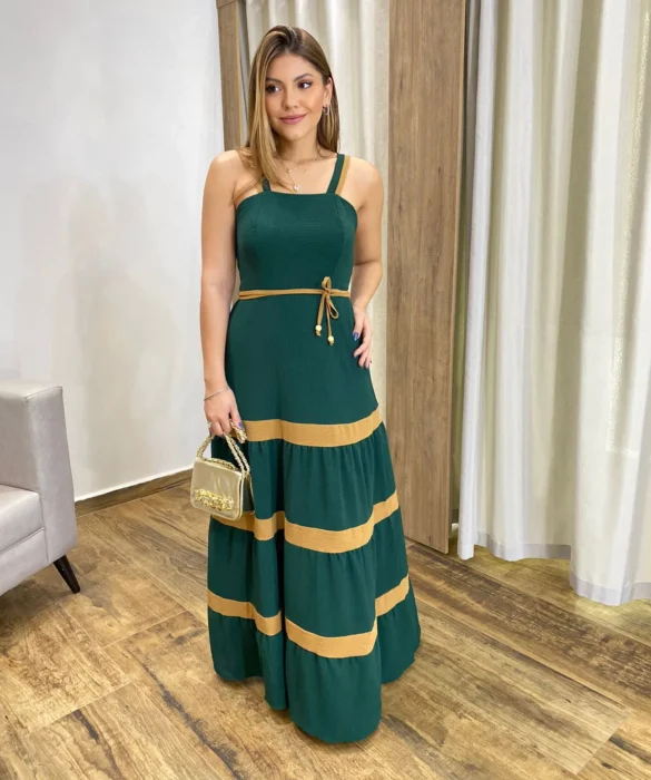 Vestido Longo sem Bojo Verde com Detalhe Caramelo e Amarração - Fernanda Ramos Store