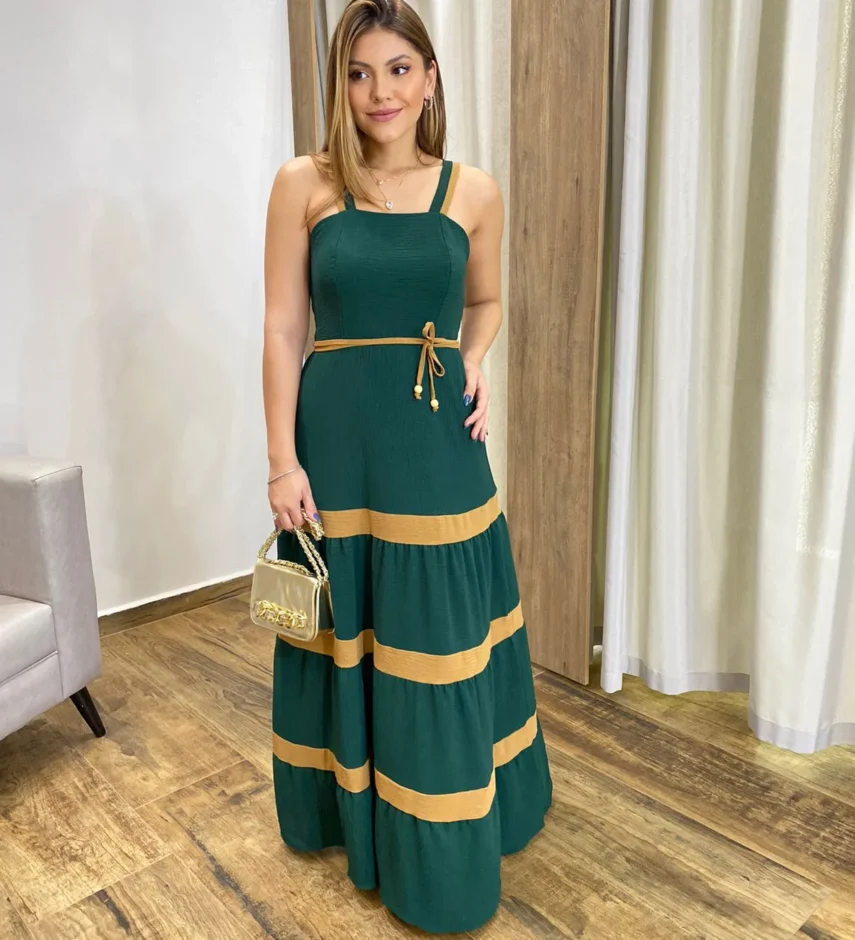 Vestido Longo sem Bojo Verde com Detalhe Caramelo e Amarração - Fernanda Ramos Store