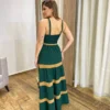 Vestido Longo sem Bojo Verde com Detalhe Caramelo e Amarração - Fernanda Ramos Store