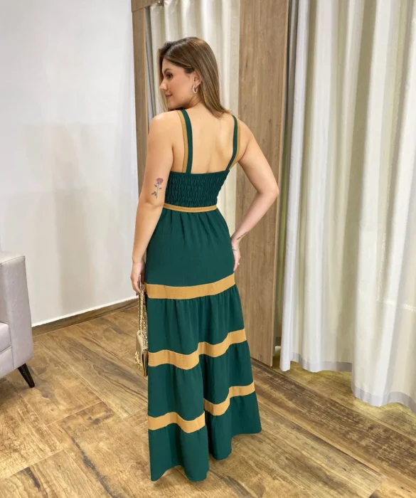 Vestido Longo sem Bojo Verde com Detalhe Caramelo e Amarração - Fernanda Ramos Store