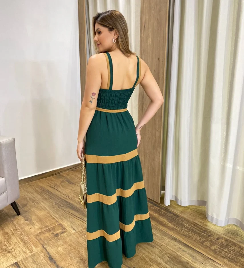 Vestido Longo sem Bojo Verde com Detalhe Caramelo e Amarração - Fernanda Ramos Store