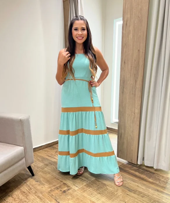 Vestido Longo sem Bojo Verde Menta com Detalhe Caramelo e Amarração - Fernanda Ramos Store