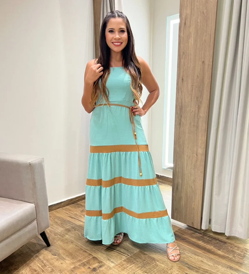Vestido Longo sem Bojo Verde Menta com Detalhe Caramelo e Amarração - Fernanda Ramos Store
