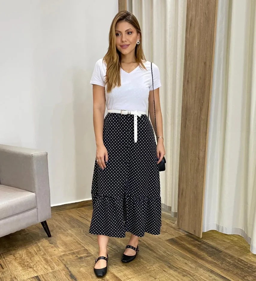 Vestido Longuete com Bojo e Botões Alça Regulável Poá Preto - Fernanda Ramos Store