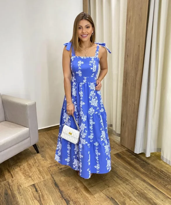 Vestido Midi sem Bojo com Amarração nas Alças Azul Estampado - Fernanda Ramos Store