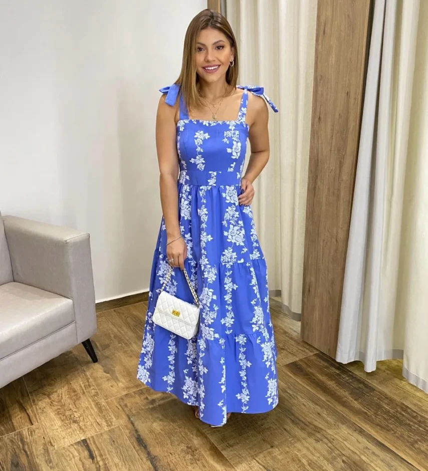 Vestido Midi sem Bojo com Amarração nas Alças Azul Estampado - Fernanda Ramos Store