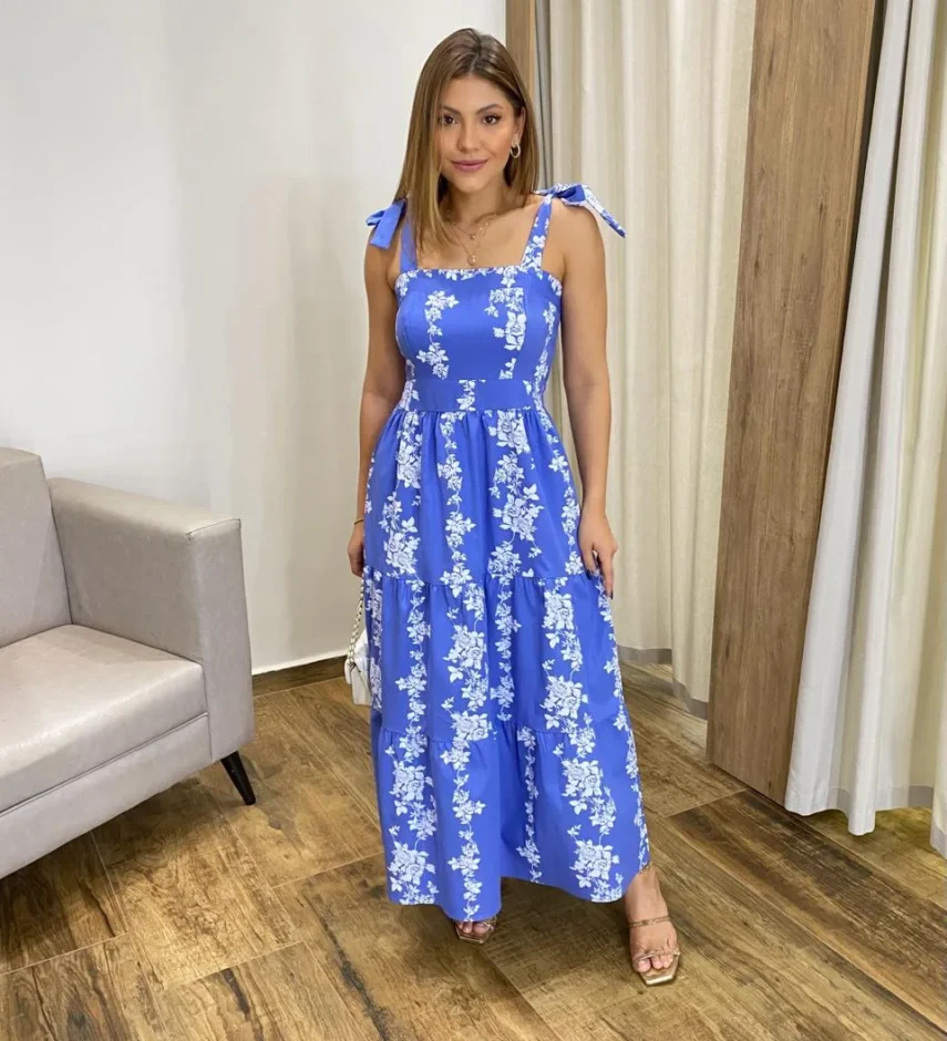 Vestido Midi sem Bojo com Amarração nas Alças Azul Estampado - Fernanda Ramos Store