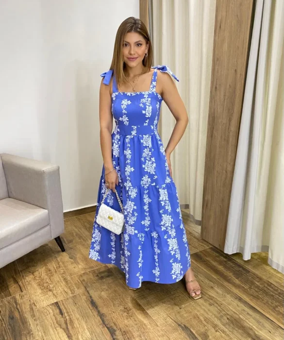 Vestido Midi sem Bojo com Amarração nas Alças Azul Estampado - Fernanda Ramos Store