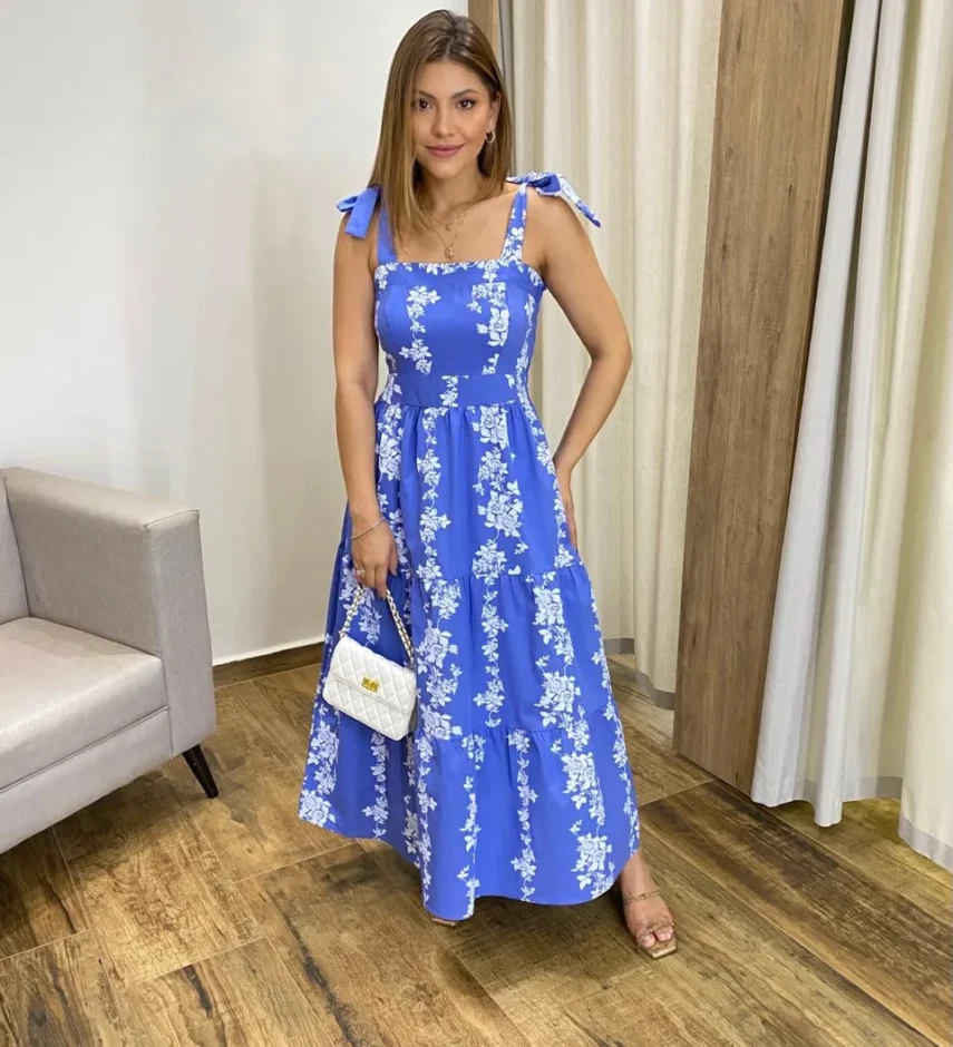 Vestido Midi sem Bojo com Amarração nas Alças Azul Estampado - Fernanda Ramos Store