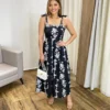 Vestido Midi sem Bojo com Amarração nas Alças Preto Estampado - Fernanda Ramos Store