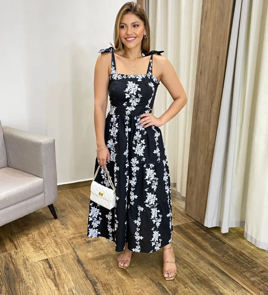Vestido Midi sem Bojo com Amarração nas Alças Preto Estampado - Fernanda Ramos Store