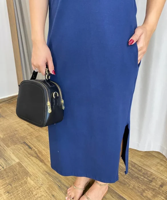 Vestido Midi sem Bojo Fenda Lateral Azul Marinho - Fernanda Ramos Store