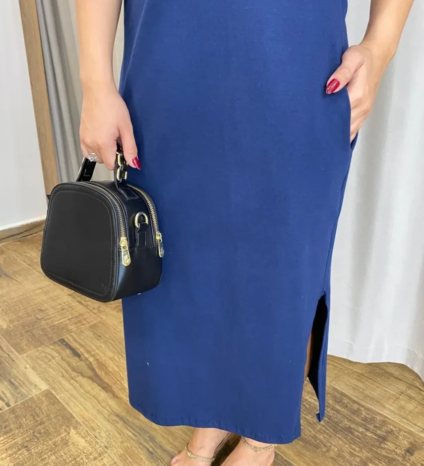 Vestido Midi sem Bojo Fenda Lateral Azul Marinho - Fernanda Ramos Store