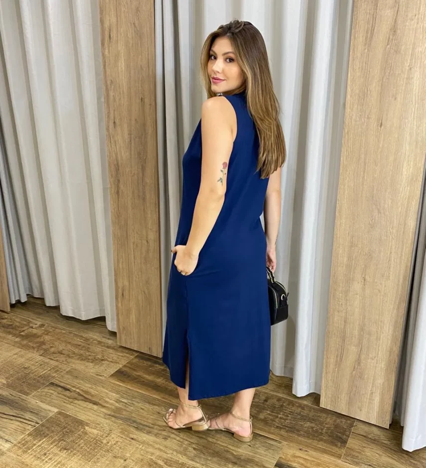 Vestido Midi sem Bojo Fenda Lateral Azul Marinho - Fernanda Ramos Store