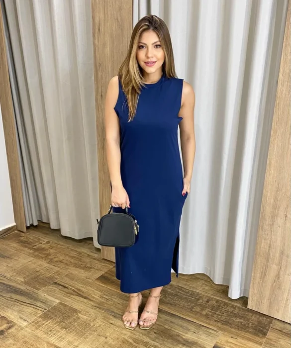 Vestido Midi sem Bojo Fenda Lateral Azul Marinho - Fernanda Ramos Store