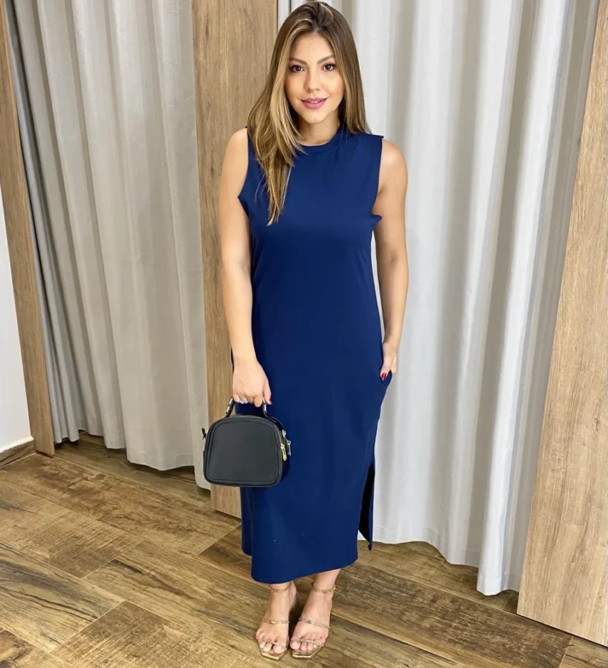 Vestido Midi sem Bojo Fenda Lateral Azul Marinho - Fernanda Ramos Store