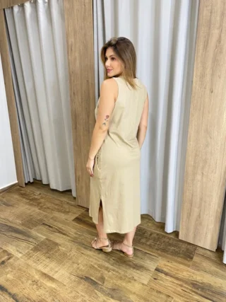 Vestido Midi sem Bojo Fenda Lateral Bege - Fernanda Ramos Store