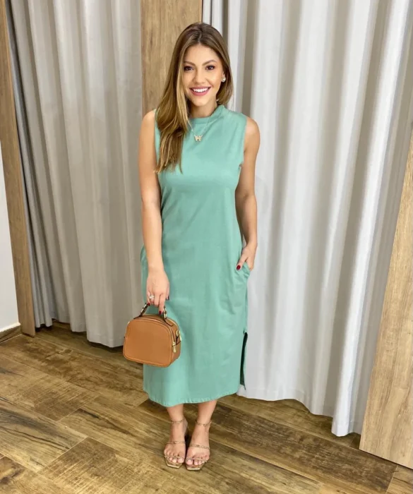 Vestido Midi sem Bojo Fenda Lateral Verde - Fernanda Ramos Store