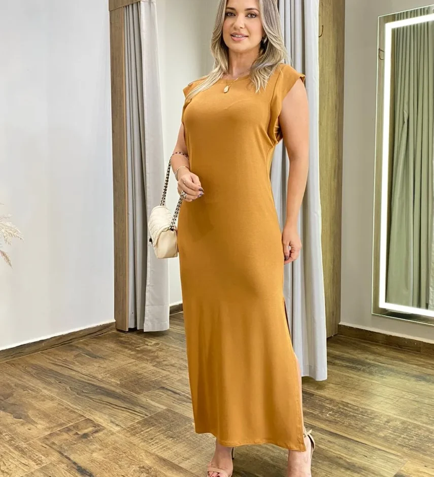 Vestido Longo Muscle sem Bojo de Malha Caramelo - Fernanda Ramos Store