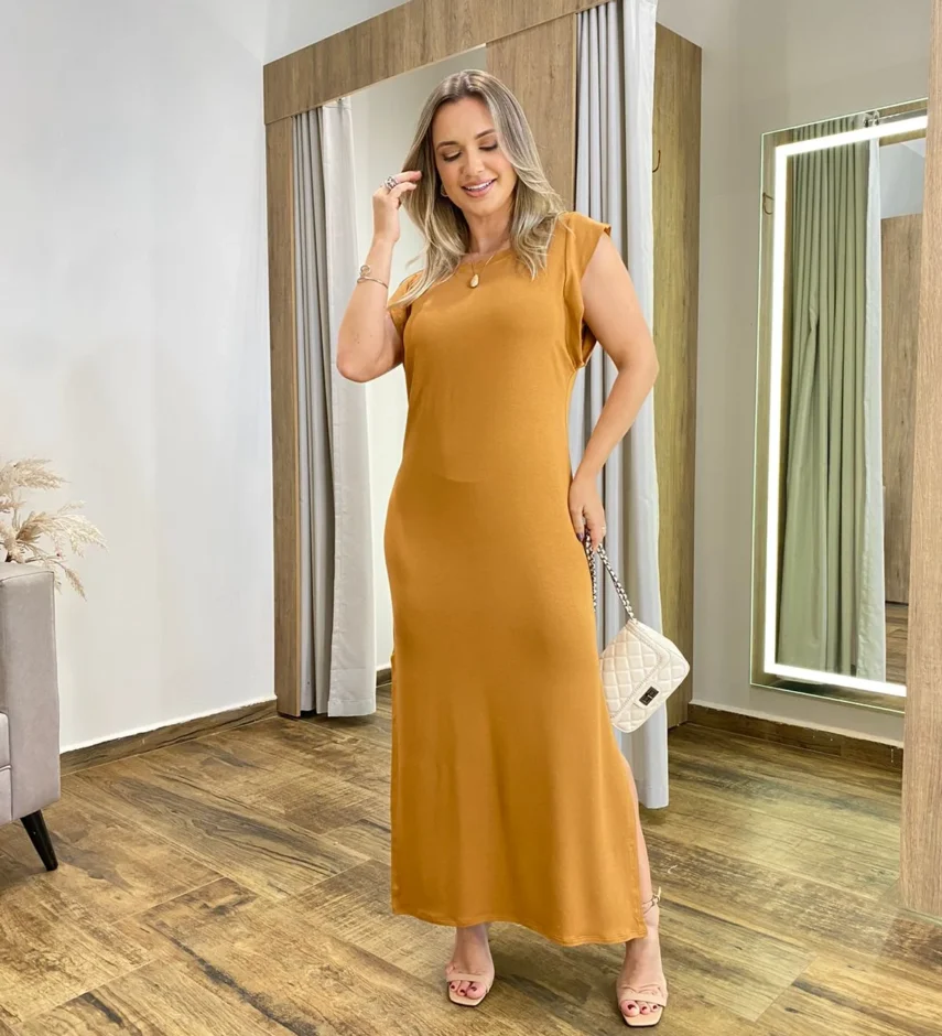 Vestido Longo Muscle sem Bojo de Malha Caramelo - Fernanda Ramos Store
