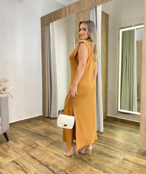 Vestido Longo Muscle sem Bojo de Malha Caramelo - Fernanda Ramos Store