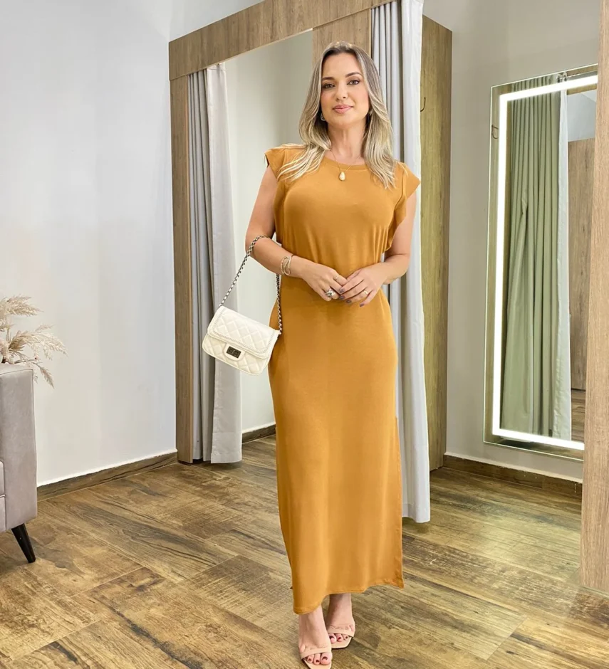 Vestido Longo Muscle sem Bojo de Malha Caramelo - Fernanda Ramos Store