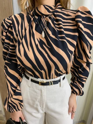 Blusa Crepe Feminina Manga Longa Estampada Animal Print - Fernanda Ramos Store