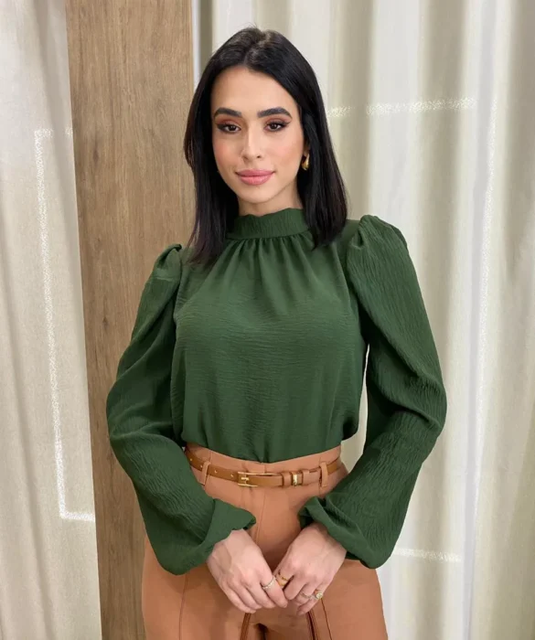 Blusa Crepe Feminina Manga Longa Verde Militar - Fernanda Ramos Store