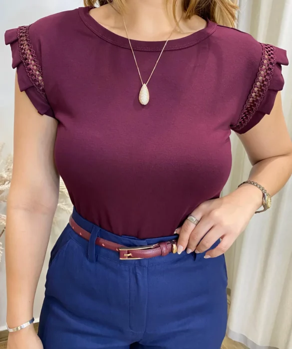 Blusa Feminina Lívia com Detalhe na Manga Bordô - Fernanda Ramos Store