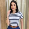 Blusa Feminina Manga Curta Agatha Canelada Branca Listrada de Azul - Fernanda Ramos Store