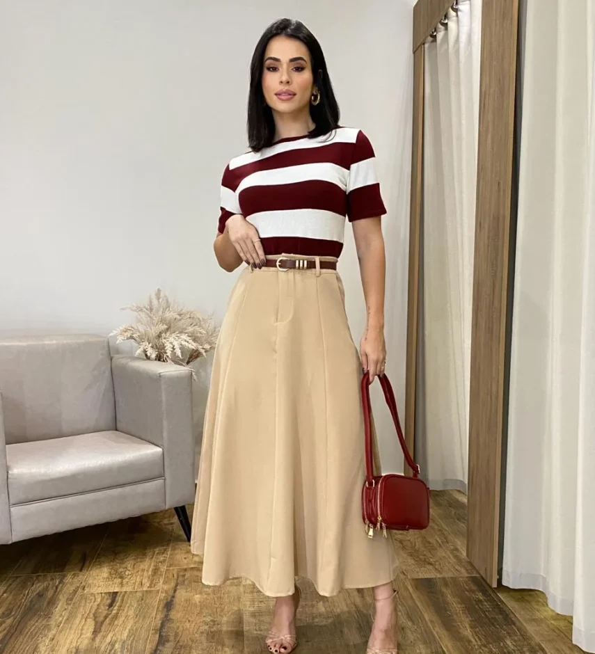 Blusa Feminina Tricot Catarina Manga Curta Listrada de Bordô - Fernanda Ramos Store