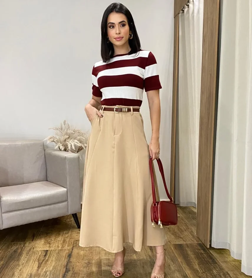 Blusa Feminina Tricot Catarina Manga Curta Listrada de Bordô - Fernanda Ramos Store