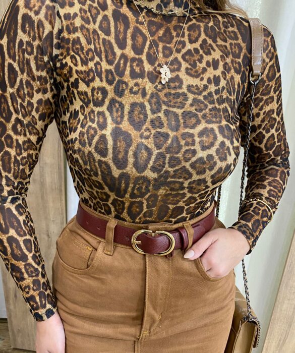 Body Feminino sem Bojo Tule Manga Longa Animal Print - Fernanda Ramos Store