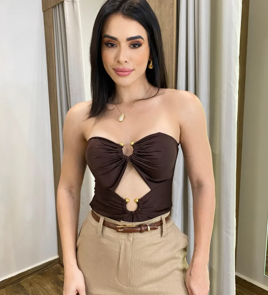 Body Feminino Tomara Que Caia com Bojo Marrom - Fernanda Ramos Store