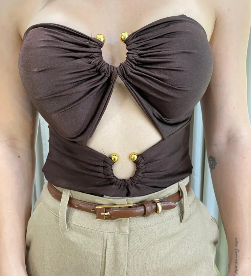 Body Feminino Tomara Que Caia com Bojo Marrom - Fernanda Ramos Store