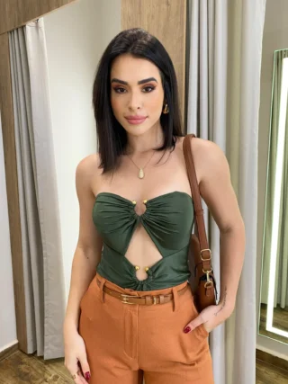 Body Feminino Tomara Que Caia com Bojo Verde Militar - Fernanda Ramos Store