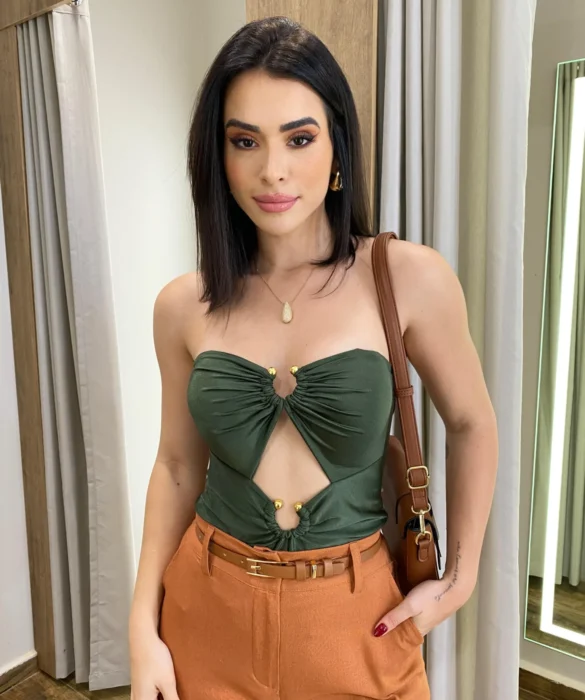 Body Feminino Tomara Que Caia com Bojo Verde Militar - Fernanda Ramos Store