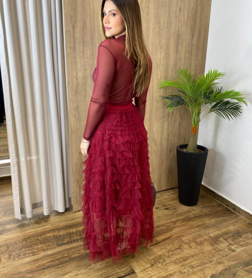 Body Feminino Tule sem Bojo Manga Longa Vinho com Transparência - Fernanda Ramos Store