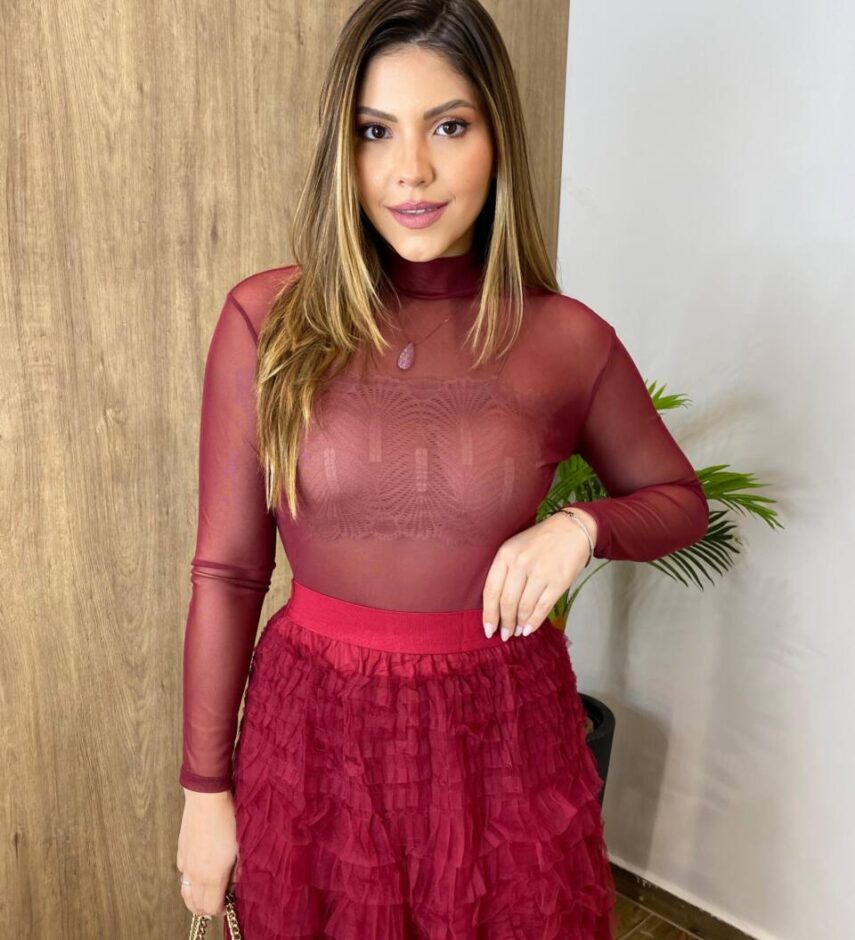 Body Feminino Tule sem Bojo Manga Longa Vinho com Transparência - Fernanda Ramos Store