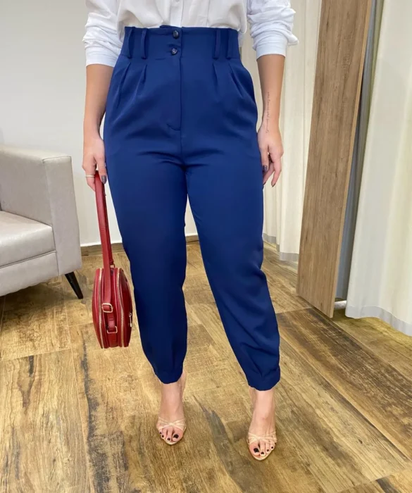 Calça Cenoura Alfaiataria Feminina com 2 Botões Azul Marinho - Fernanda Ramos Store