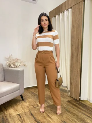 Calça Feminina Mary Alfaiataria Caramelo com Cinto - Fernanda Ramos Store