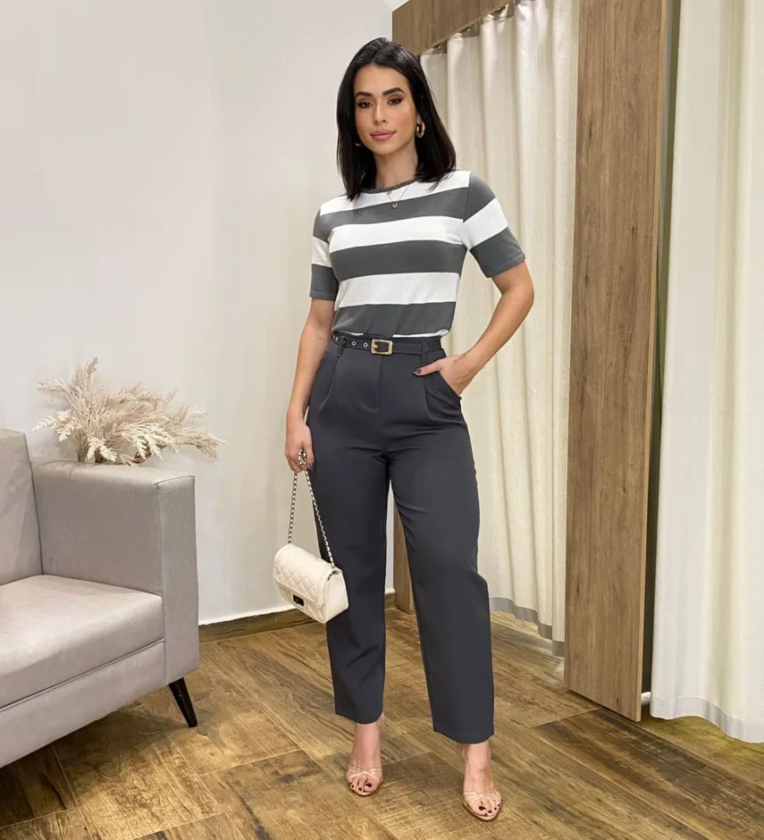 Calça Feminina Mary Alfaiataria Cinza com Cinto - Fernanda Ramos Store