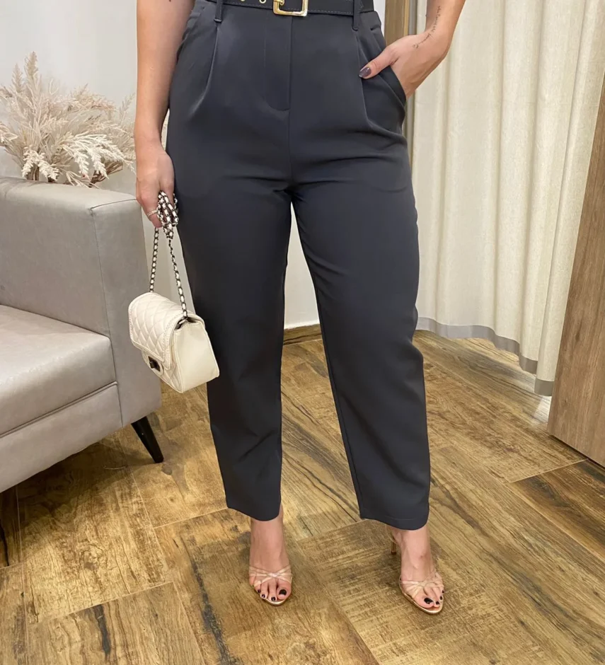 Calça Feminina Mary Alfaiataria Cinza com Cinto - Fernanda Ramos Store