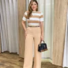 Calça Feminina Pantalona Alfaiataria Eloá com Cinto Bege - Fernanda Ramos Store