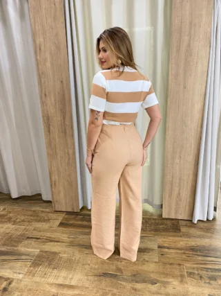 Calça Feminina Pantalona Alfaiataria Eloá com Cinto Bege - Fernanda Ramos Store