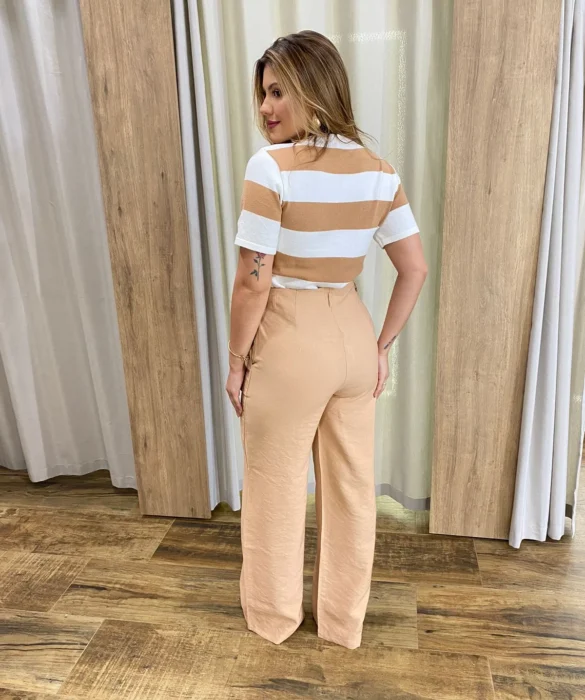 Calça Feminina Pantalona Alfaiataria Eloá com Cinto Bege - Fernanda Ramos Store