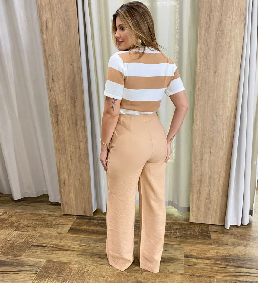 Calça Feminina Pantalona Alfaiataria Eloá com Cinto Bege - Fernanda Ramos Store