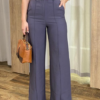Calça Feminina Pantalona Alfaiataria Eloá com Cinto Cinza - Fernanda Ramos Store